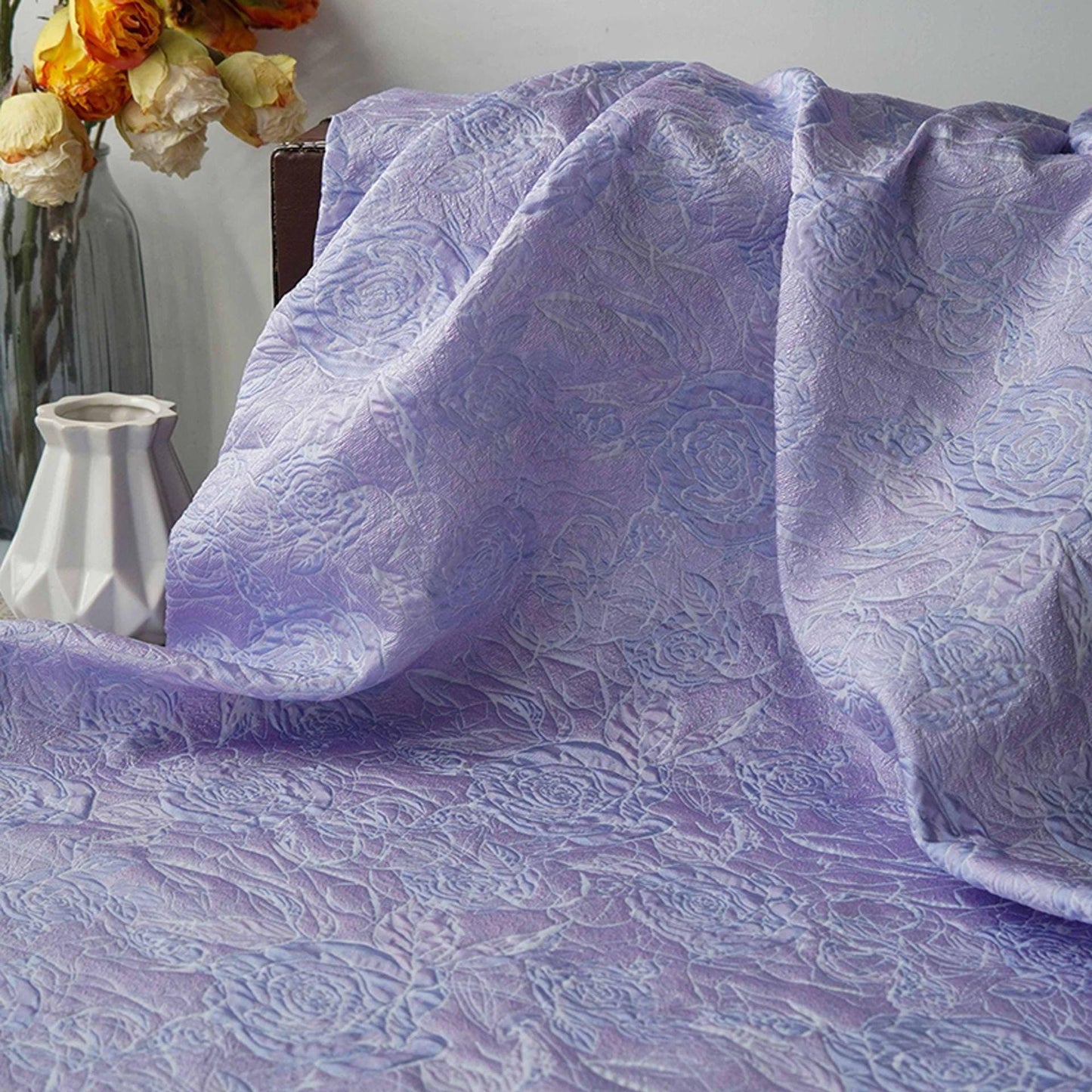 Lilac & Blue Floral Jacquard Woven Fabric: 3D Embossed Upholstery, Costume, Sewing - 55"W