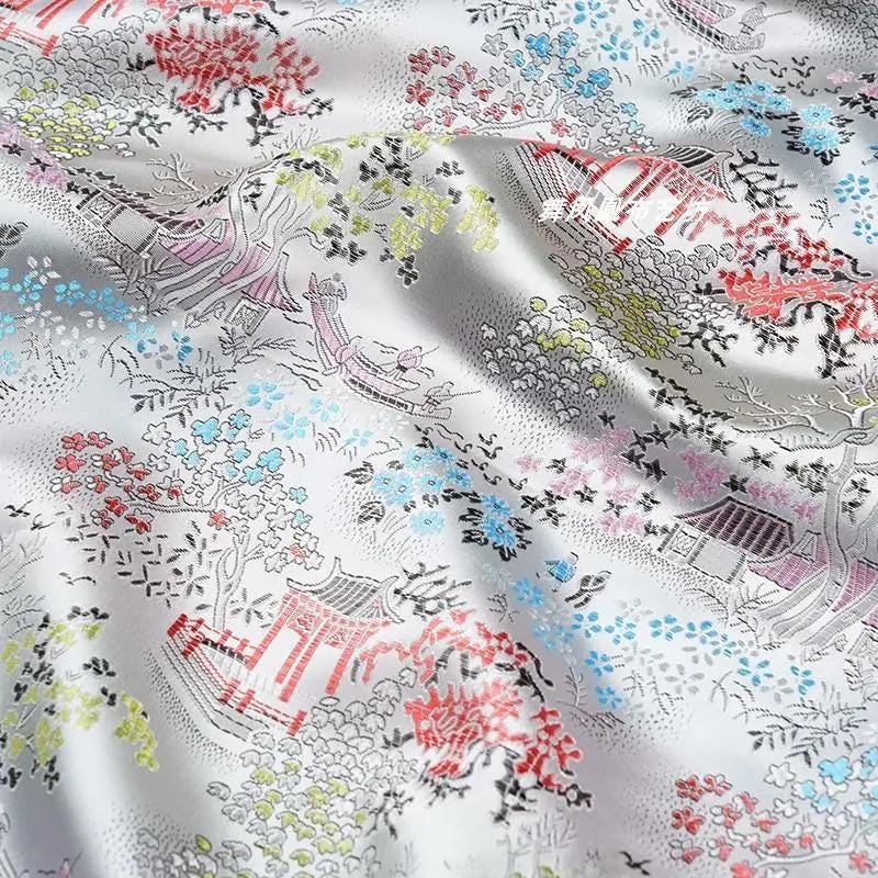 Silver White Brocade Fabric: Ancient Chinese Painting Pattern, 45" Wide
