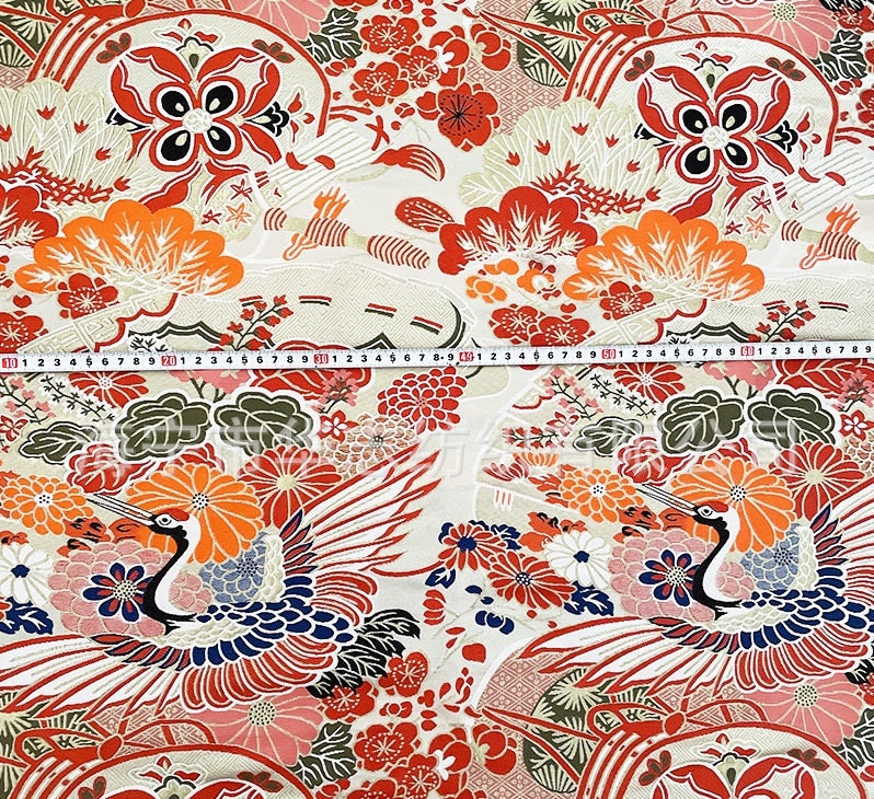 Japanese Crane Jacquard Satin Fabric: Birds & Floral Upholstery, Costume Sewing