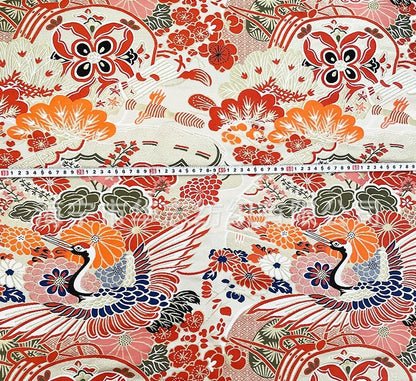 Japanese Crane Jacquard Satin Fabric: Birds & Floral Upholstery, Costume Sewing