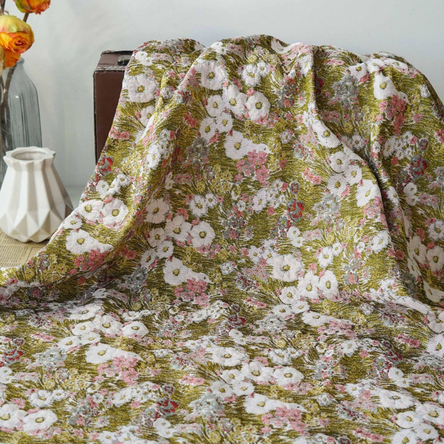 Reversible Floral Jacquard Fabric: 3D Embossed Green Woven Upholstery, 59" Wide