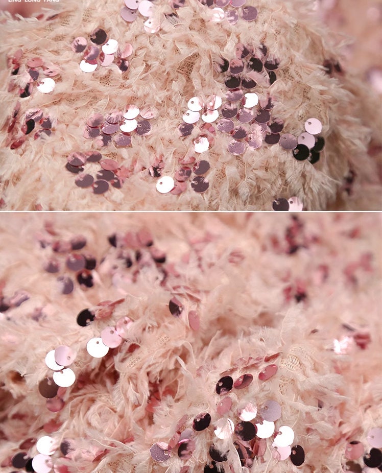 Tissu en dentelle à franges de plumes et sequins, maille à pompons, 145 cm de large