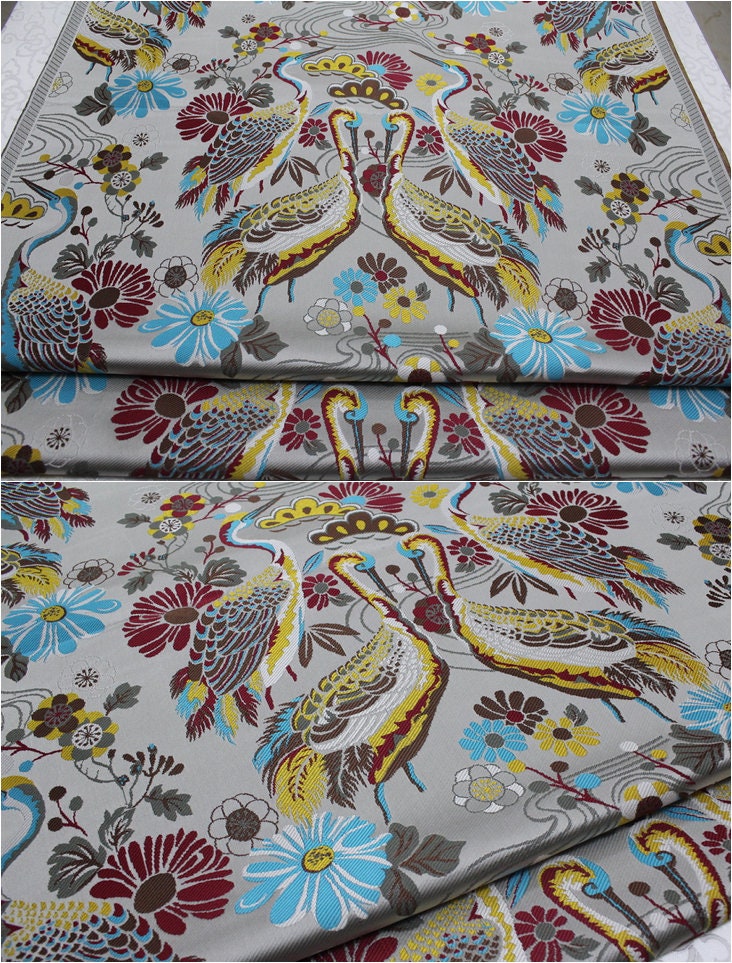 Crane Jacquard Satin Fabric: Birds Pattern Brocade, 29.5"W Home Decor