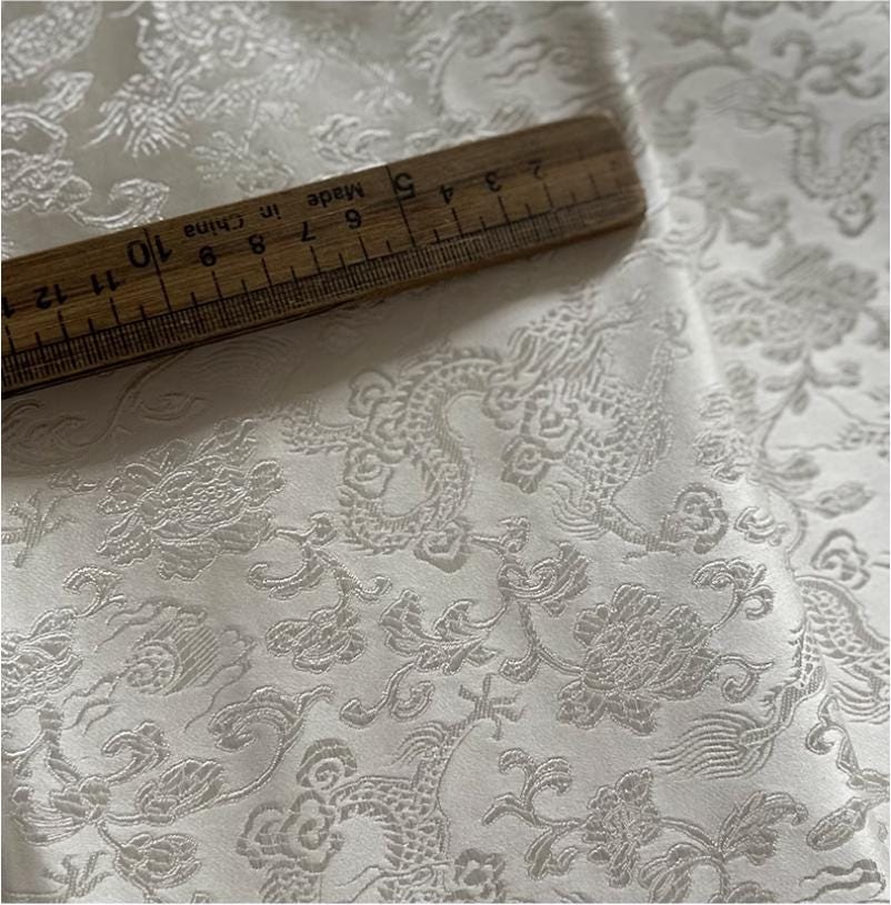 Milky White Silk Brocade Fabric: Metallic Dragon Pattern, 29.5" Wide