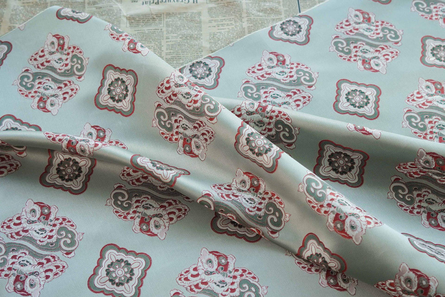 Aqua Blue Silk Brocade Fabric: Chinese Fu Lion Design, 66"W