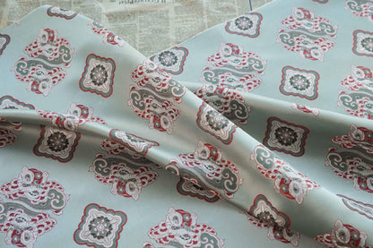 Aqua Blue Silk Brocade Fabric: Chinese Fu Lion Design, 66"W