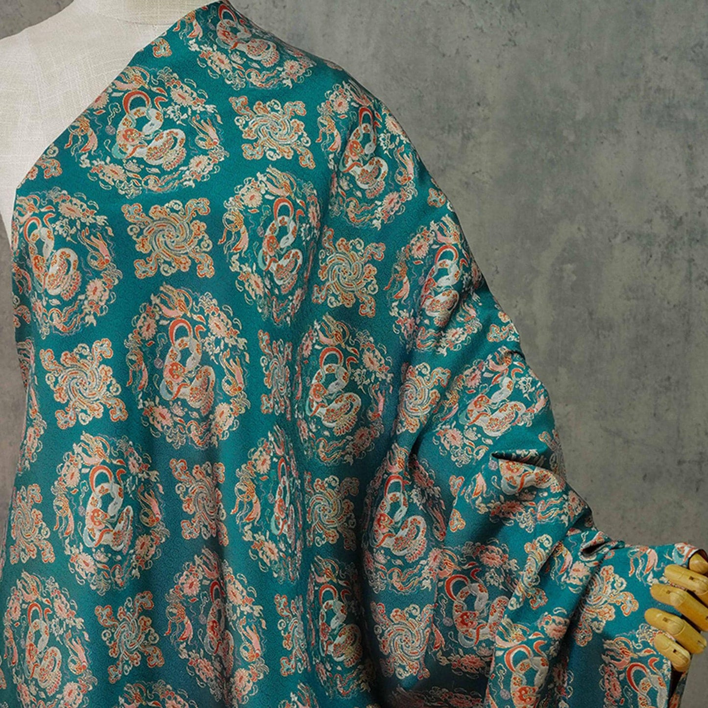 Cyan Brocade Fabric: Chinese Dynasty Jacquard Polyester, 66" Wide