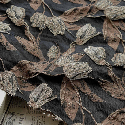 Reversible Jacquard Fabric, Gold Tulip Embossed Woven Material, 63"W