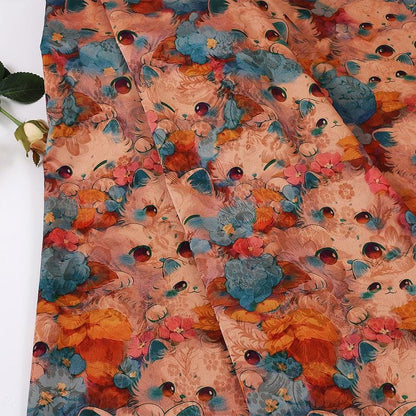 Cartoon Kitten Peony Print on Red Cloud Gauze Fabric ��� Fun & Playful Desi"Wide