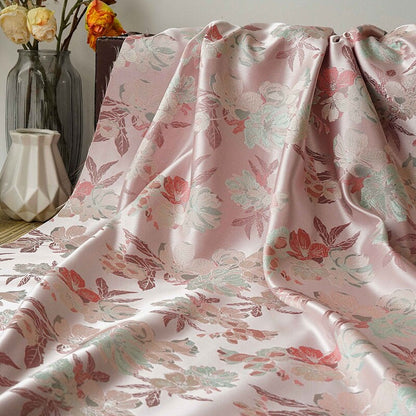 Light Pink Hibiscus Brocade Satin Fabric: 66" Wide Chinese Style