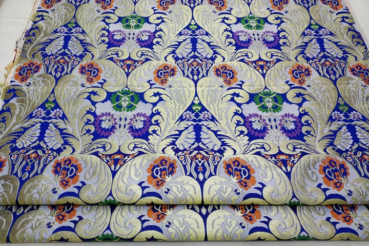 Chrysanthemum Brocade Fabric: Chinese Folk Tapestry Silk Rayon Blend, 29" Wide