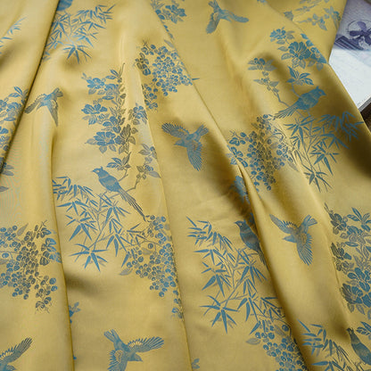 Jacquard Rayon Fabric: Bird & Floral Print, 59" Wide - By The Meter