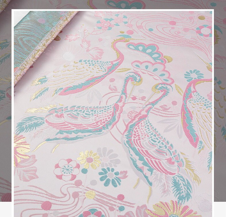 Baby Pink Crane Brocade Fabric: 59"W Jacquard Satin, Costume Decor