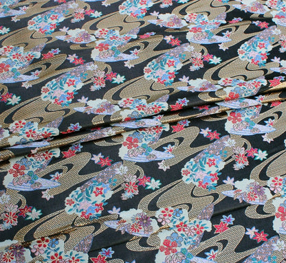 Tissu brocart japonais Nishijin : Jacquard de soie et rayonne à motif de fleurs de cerisier et d'eau vive