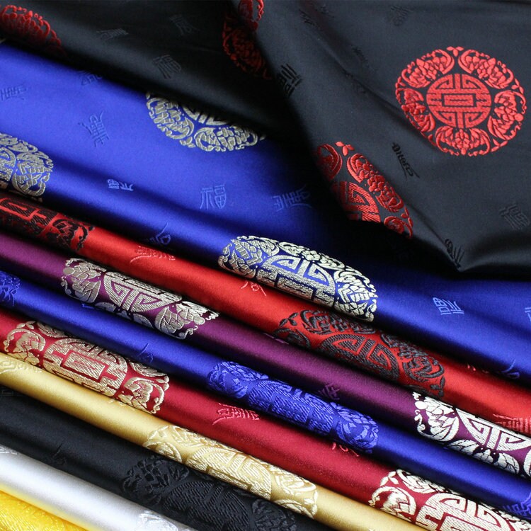 Floral Brocade Jacquard Satin Fabric with Chinese Fu Symbol
