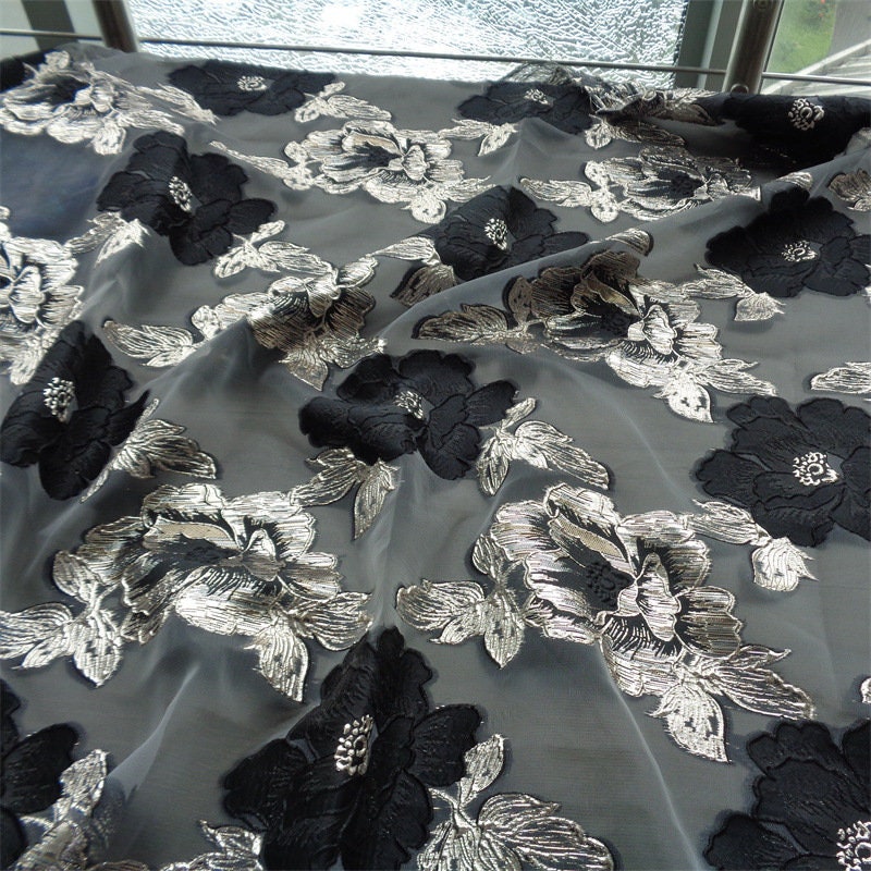 Blue & Gold Floral Jacquard Organza Fabric - 56"W