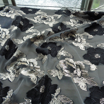 Blue & Gold Floral Jacquard Organza Fabric - 56"W