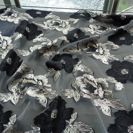 Blue & Gold Floral Jacquard Organza Fabric - 56"W
