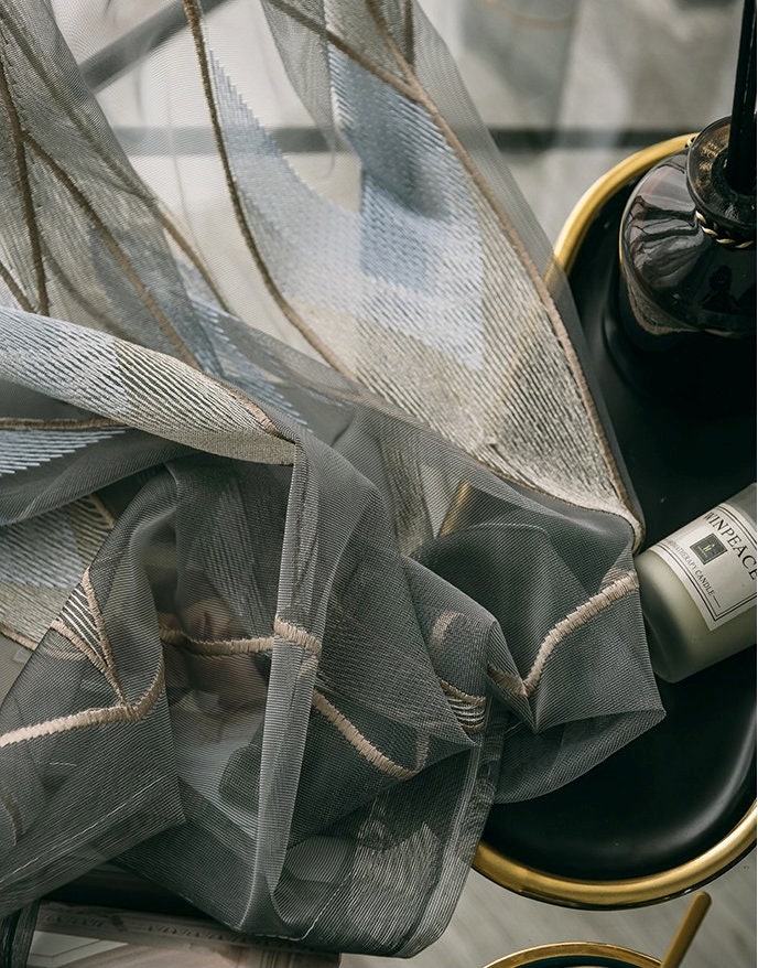 Tissu pour rideaux brodé géométrique : Voile moderne en polyester transparent
