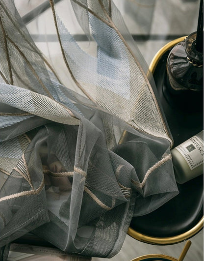 Tissu pour rideaux brodé géométrique : Voile moderne en polyester transparent
