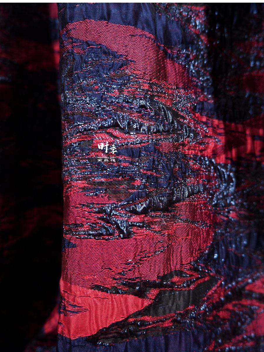 Gold Thread Jacquard Fabric: Red & Blue 3D Designer Fabric, 55"W