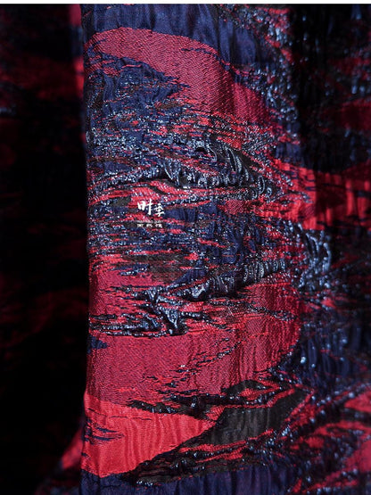 Gold Thread Jacquard Fabric: Red & Blue 3D Designer Fabric, 55"W