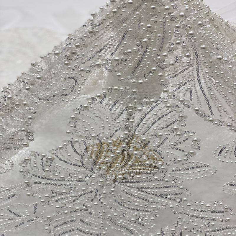 Luxury Pearl Sequin Embroidered Fabric ��� Bridal Wedding Dress, Evening Gown & Couture Fashion Textile, Wedding dress fabr"Wide