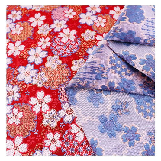 Japanese Cherry Blossom Jacquard Brocade Fabric: Red & Gold Silk Rayon Blend