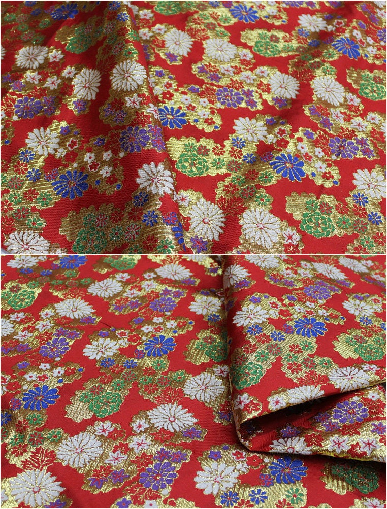 Japanese Floral Brocade Fabric: Gold & Silver Woven Damask (By The Meter)