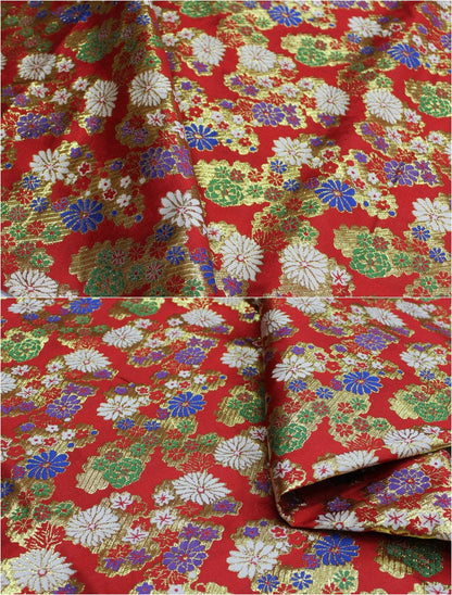 Japanese Floral Brocade Fabric: Gold & Silver Woven Damask (By The Meter)