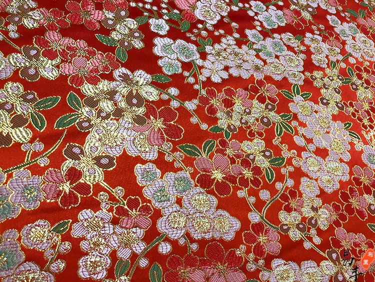 Red Cherry Blossom Brocade Fabric: Satin Jacquard Weave, 59"W