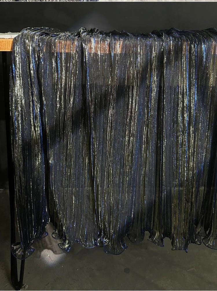 Blue Gold Glitter Pleated Organza Mesh Fabric, 59"W, Shiny Sheer