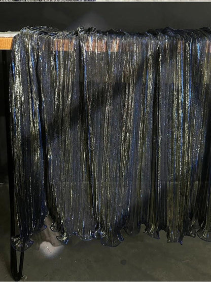 Blue Gold Glitter Pleated Organza Mesh Fabric, 59"W, Shiny Sheer