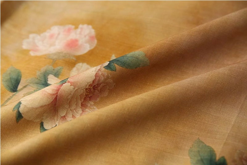Floral Ramie Fabric: Dunhuang Ink Painting, Natural Fiber (57"W)