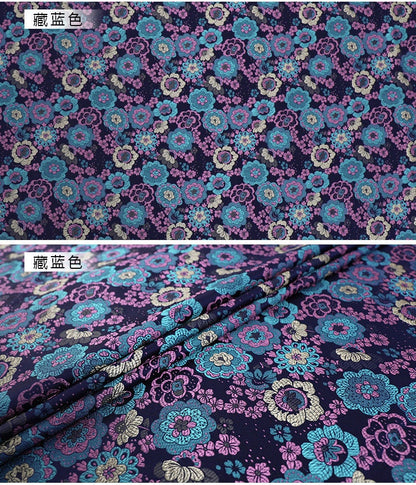 Floral Japanese Kinran Brocade Fabric: Red & Blue Rayon, 59" Wide