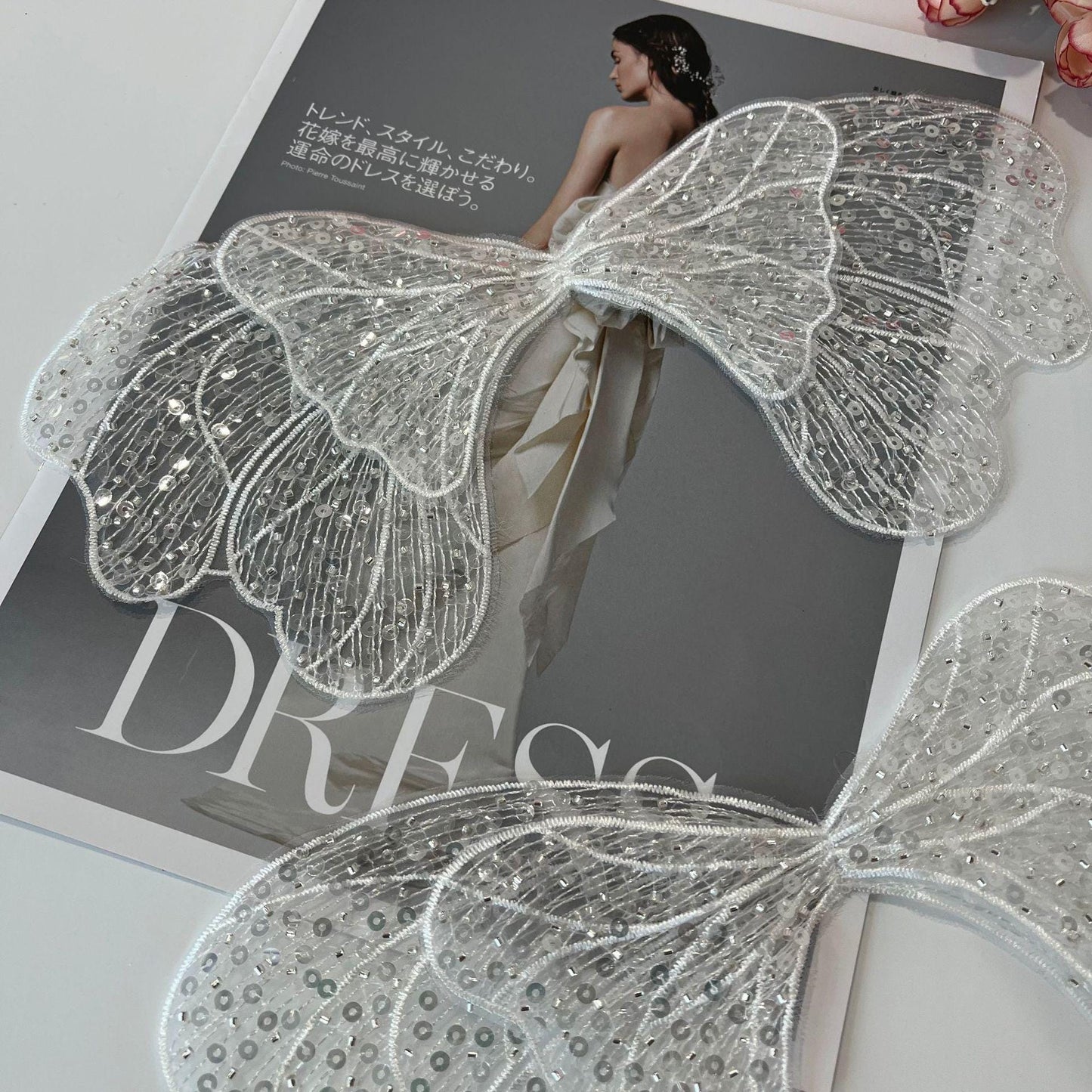 Butterfly Embroidered Lace Trim: Light Ivory Sequins, Bridal Wedding Veil (By Pair)