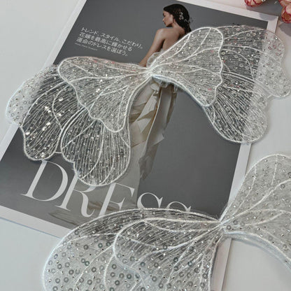 Butterfly Embroidered Lace Trim: Light Ivory Sequins, Bridal Wedding Veil (By Pair)