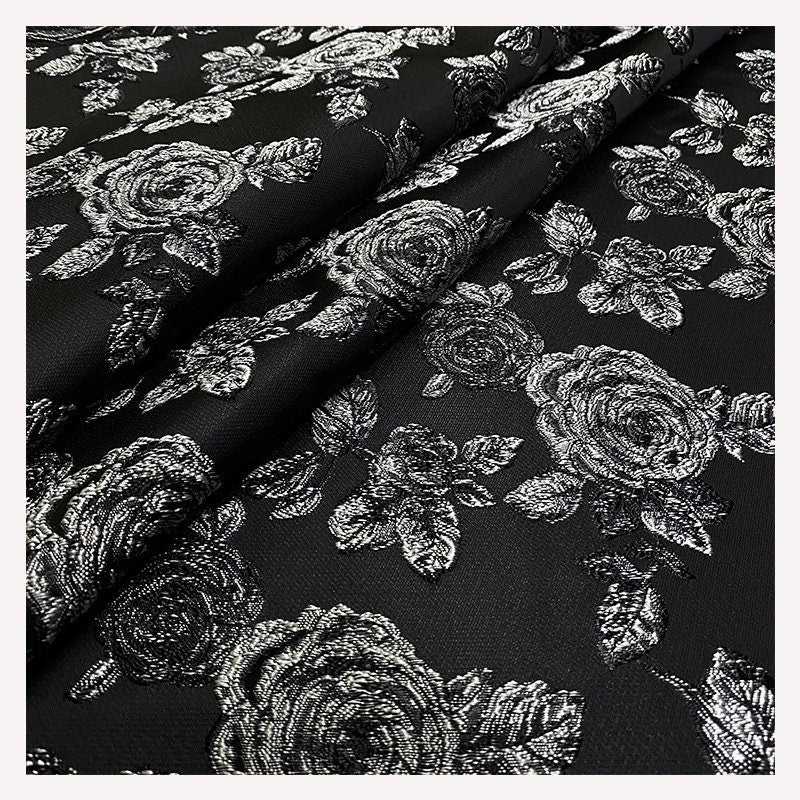 Black Jacquard Fabric: Embossed Peony Flower Design, 55" Wide