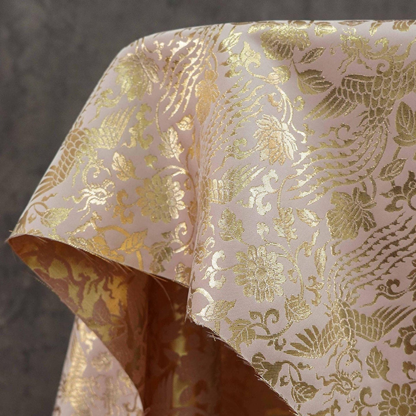 Gold Thread Jacquard Fabric: 3D Foil Flower Texture, 63" Wide - By The Meter
