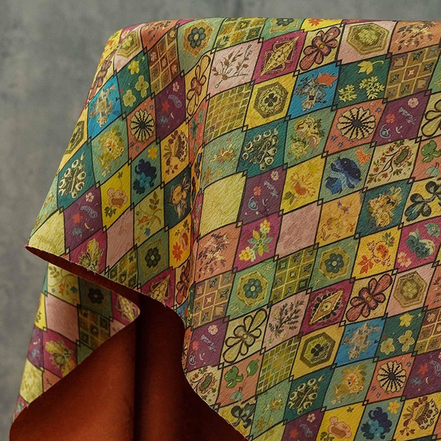 Floral Diamond Tea Satin Fabric, Dark Green Digital Print, 59" Wide