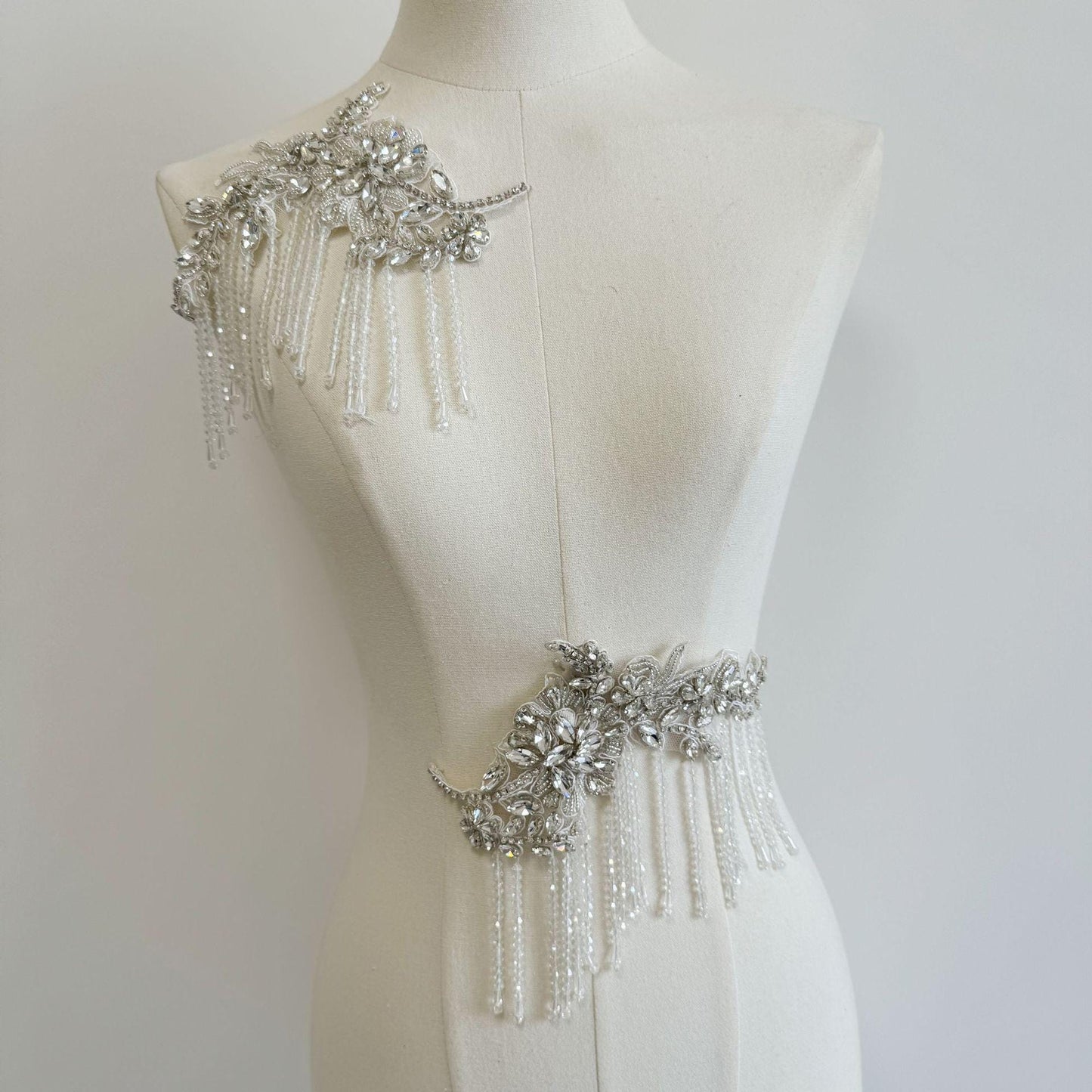 Embroidered Lace Trim: Ivory Sequin Tassel Applique (20cm Pair)