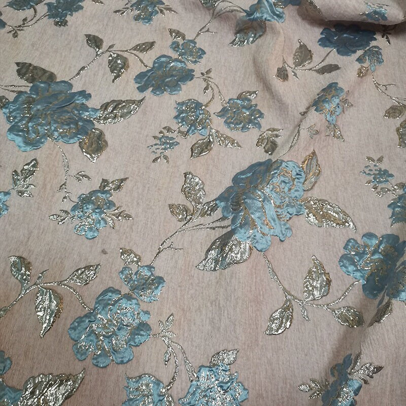 Gold Thread Jacquard Fabric: 3D Flower Design, 56" Wide