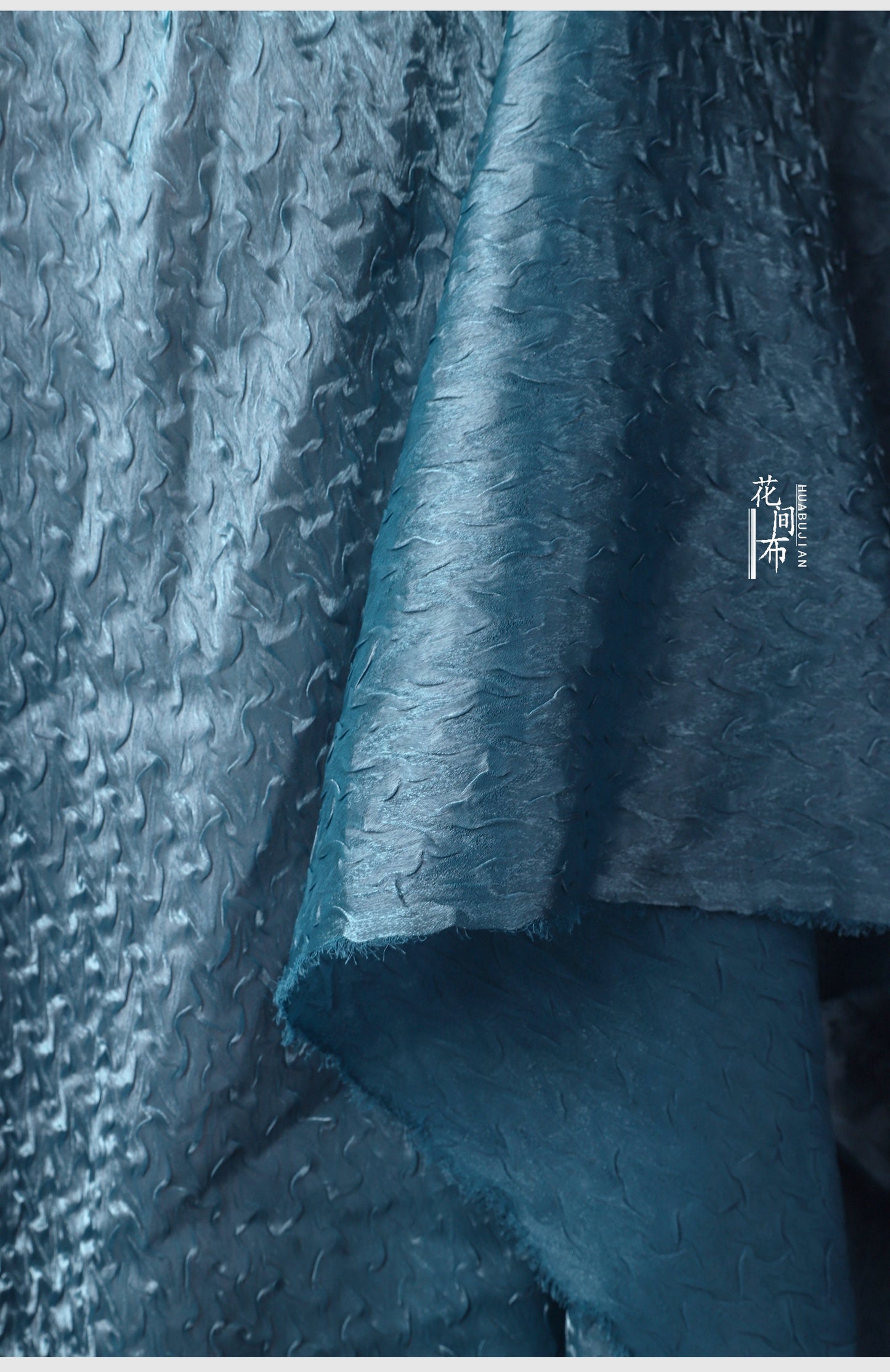 Sea Blue Crepe Mesh Fabric, 3D Wavy Pleated Designer Fabric