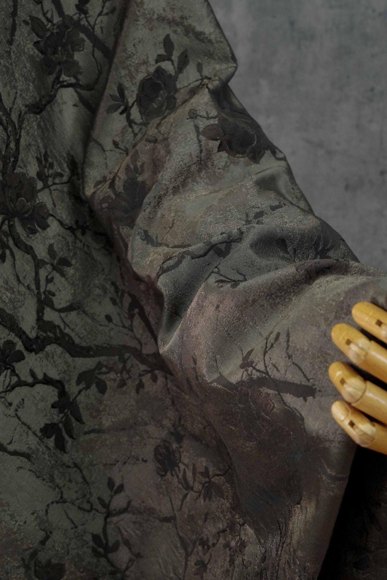 Ink Wash Floral Yarn-Dyed Fabric ��� Black Asian Botanical Quilting Fabric, Upholstery & Home Decor Textile,  62''W Designer