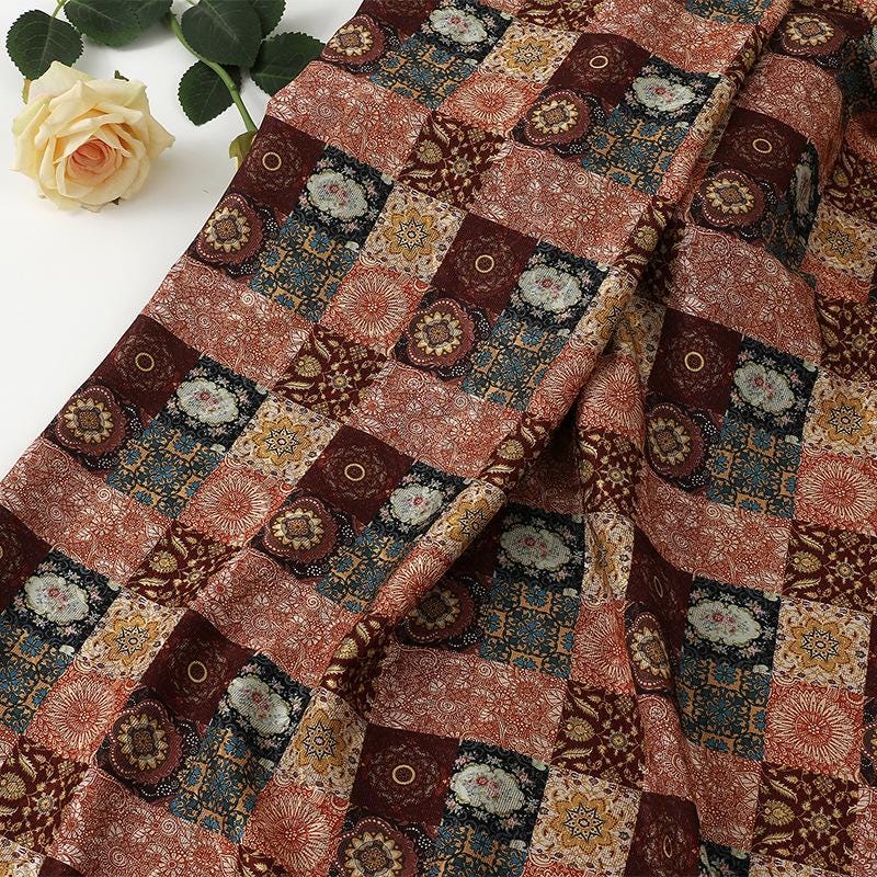 Tea Silk Satin Fabric: 59"W Patch Pattern Digital Print