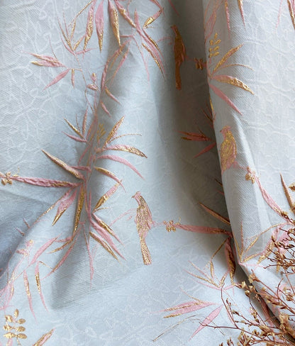 Bird & Bamboo Jacquard Fabric: 3D Relief Upholstery, 59" Wide