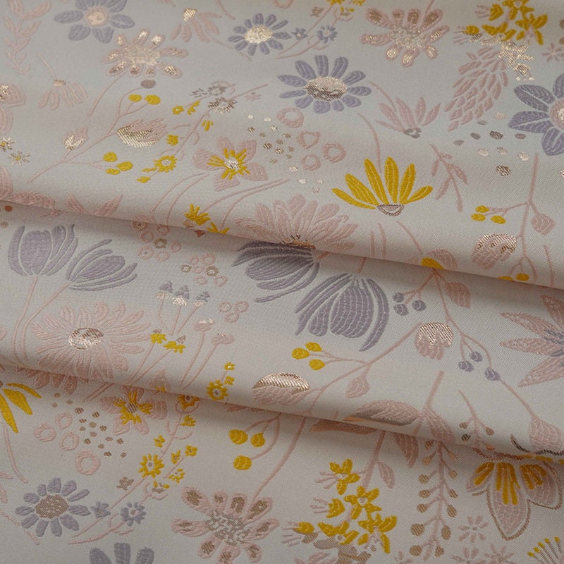 Light Pink Floral Jacquard Fabric: Gold Shimmering Embossed Woven, 57"W