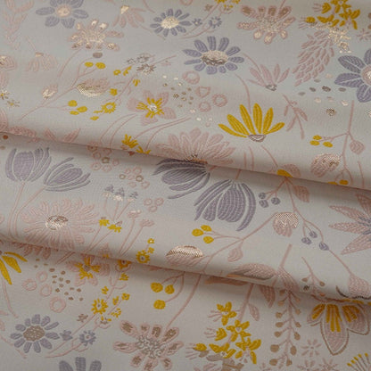 Light Pink Floral Jacquard Fabric: Gold Shimmering Embossed Woven, 57"W