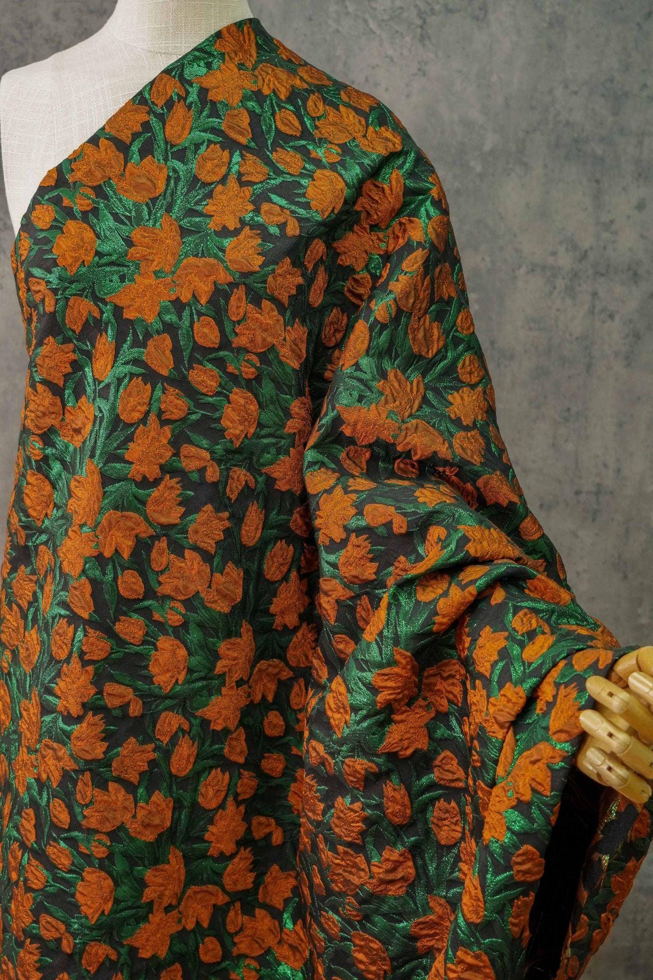 Orange Floral Jacquard Fabric: Gold Foil Upholstery & Sewing (56"W, 1 Meter)