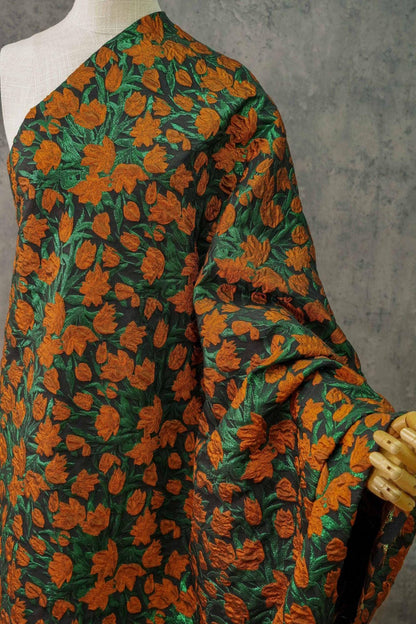 Orange Floral Jacquard Fabric: Gold Foil Upholstery & Sewing (56"W, 1 Meter)
